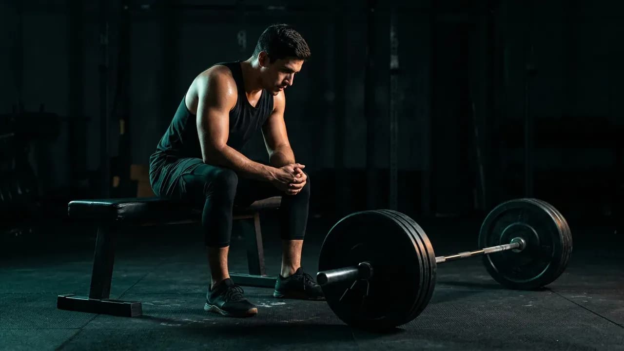 An athlete sitting on a flat bench staring at a heavy barbell on the floor during an extended rest period