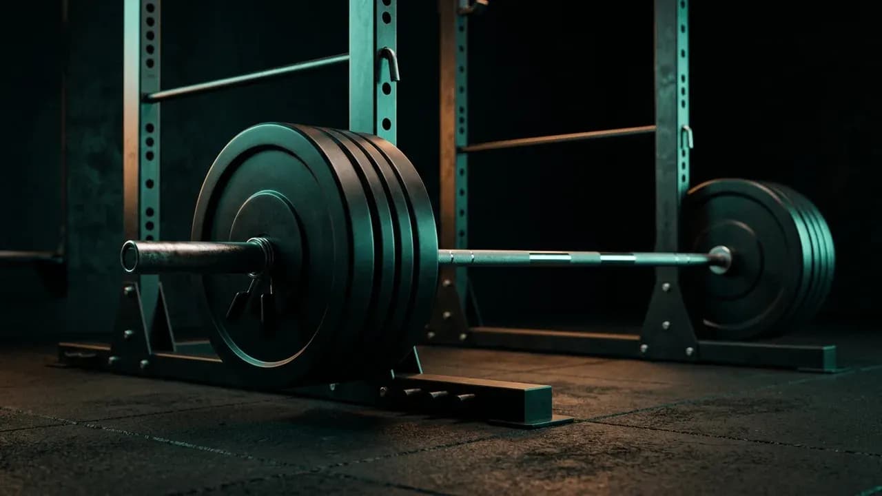 a barbell loaded with calibrated steel plates sitting on a rubber gym floor in a power rack