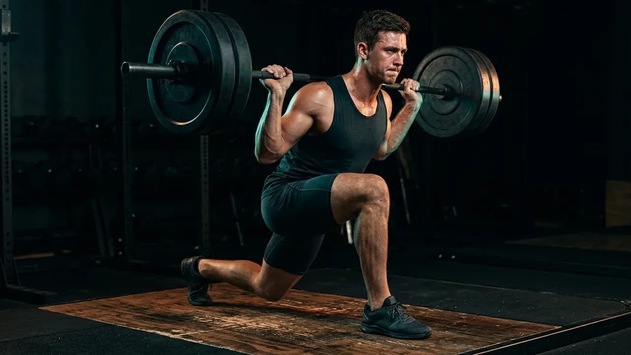 a close-up photograph of an athlete performing a heavy isometric split squat on a wooden platform