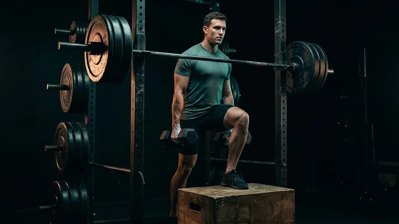 A strength athlete performing a heavy single-leg dumbbell step-up in a power rack with weight plates