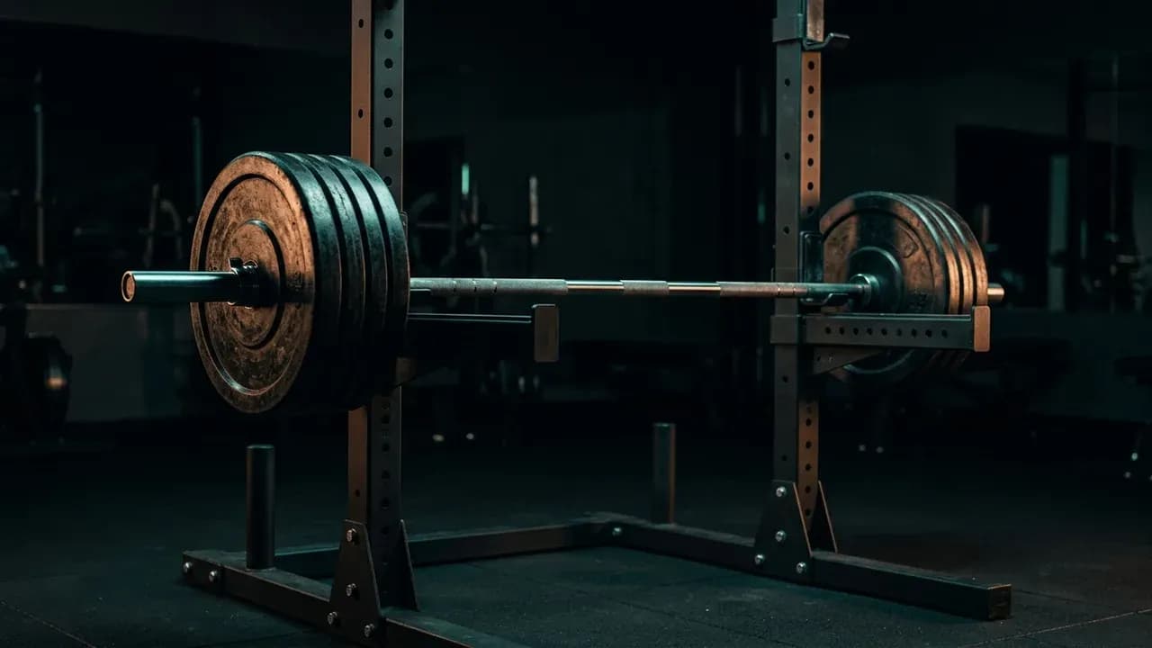 a barbell loaded with heavy iron plates resting on a power rack in a quiet gym