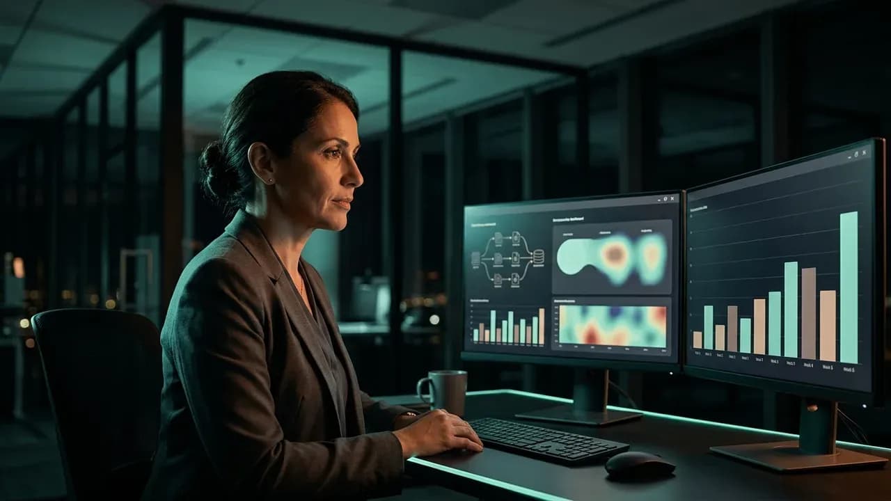 An enterprise HR director reviewing data security metrics on a dual-monitor workstation in a Riyadh office tower
