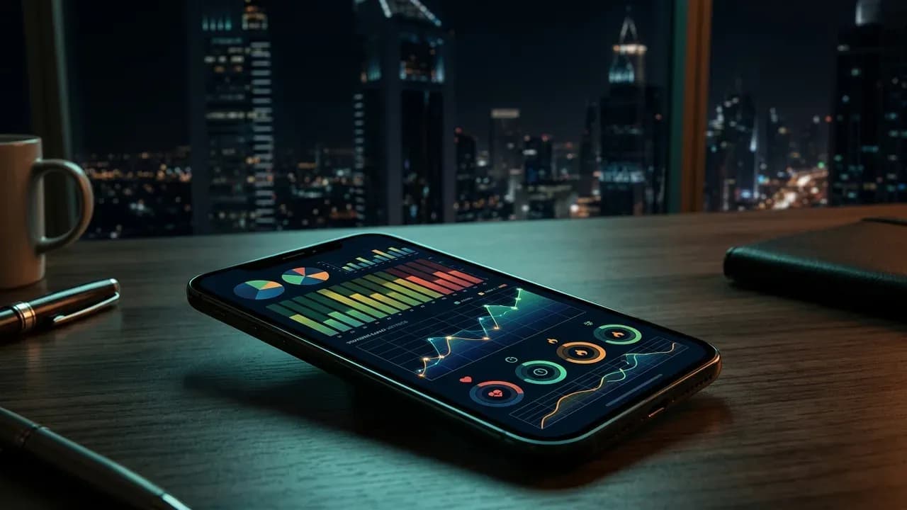 A close-up of a smartphone display showing detailed training load metrics on a desk in a Dubai financial centre skyscraper