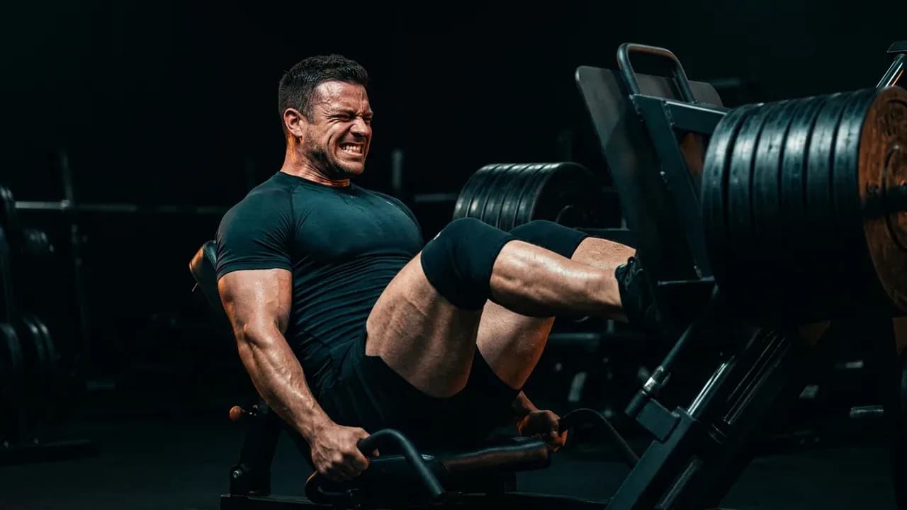 a lifter grinding through a heavy leg press set with intense facial strain