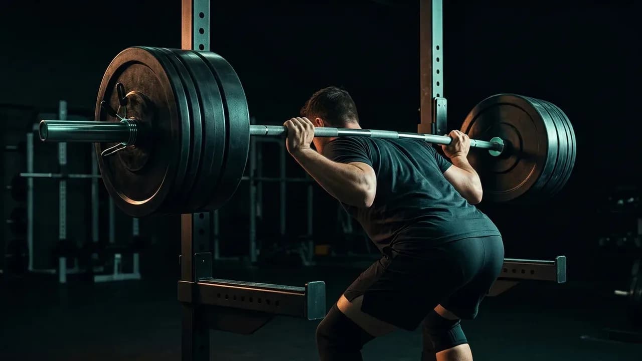 a barbell loaded with heavy plates sitting on a squat rack inside a training facility