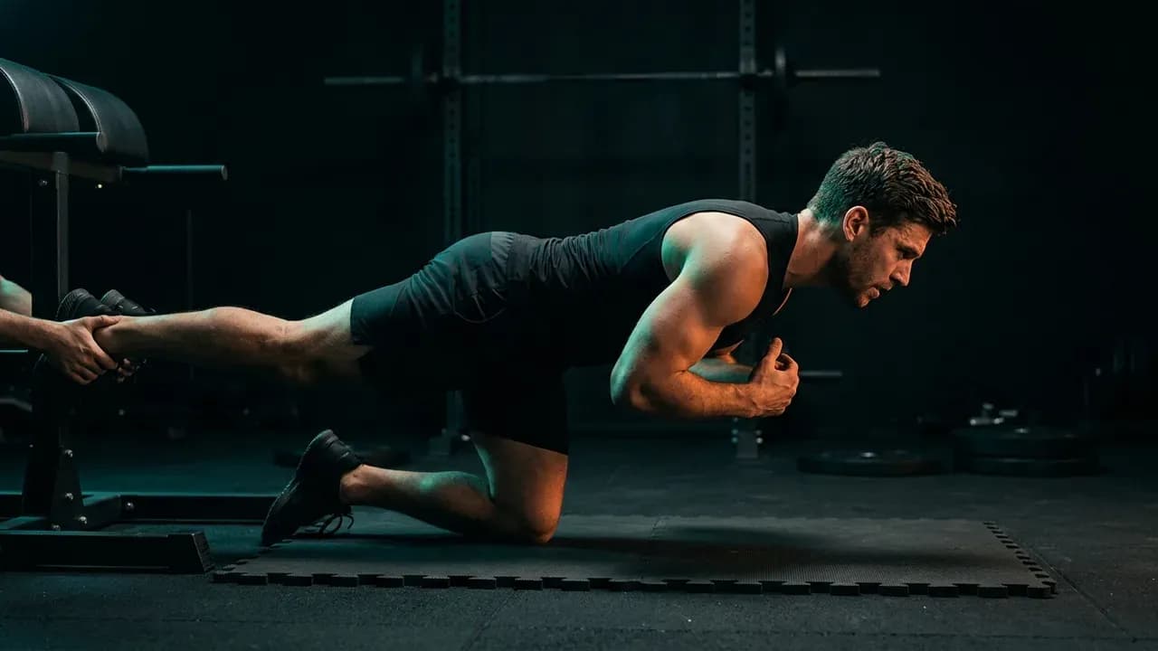 An athlete performing a slow eccentric Nordic hamstring curl on a floor mat