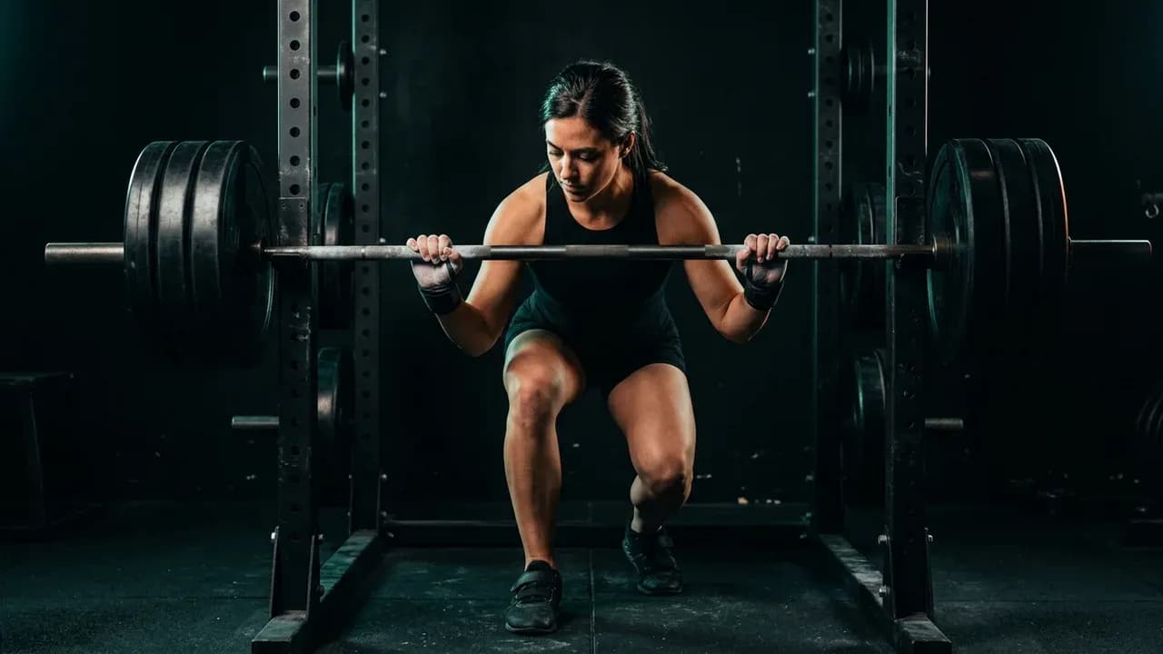 A focused lifter setting up under a heavy barbell inside a squat rack, adjusting grip width and foot placement with complete concentration
