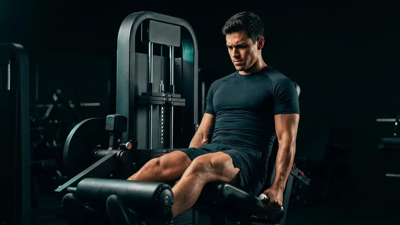a lifter performing seated leg curls on a selectorized machine with focused expression