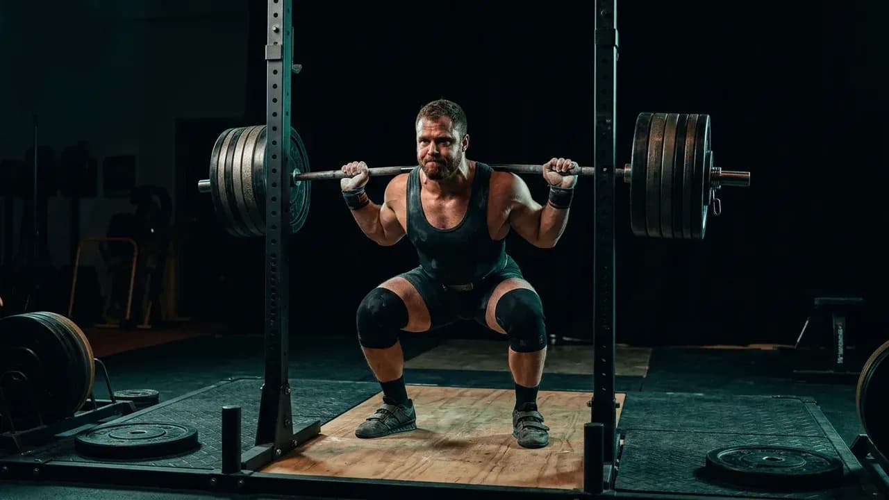 a strength athlete preparing for a heavy barbell back squat on a competition platform